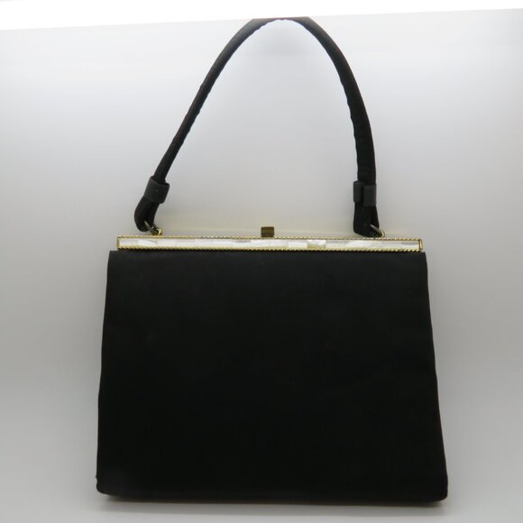 Vintage Handheld Black Satin Purse Bag After Five Mother Pearl Frame Top Handle - Picture 2 of 16